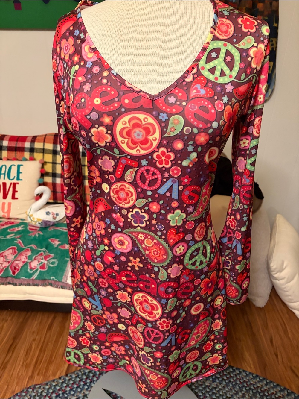 Retro Floral Peace-Sign Love Flower Power Long Sleeve Dress